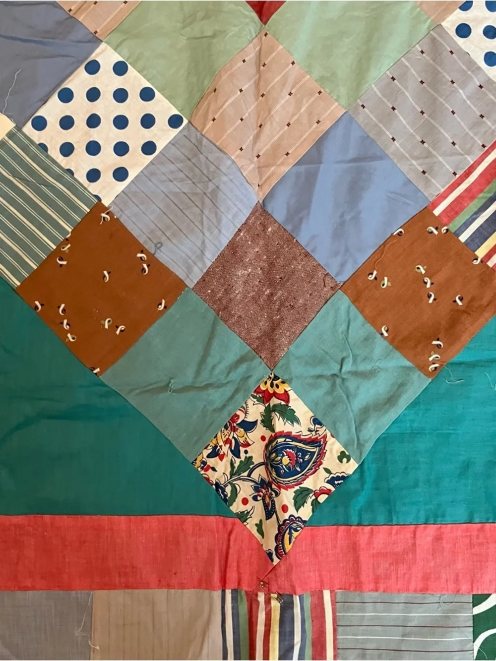 VTG Handmade Hand Pieced Stitched Scrap  57x63 Quilt Top Farmhouse Cottagecore
